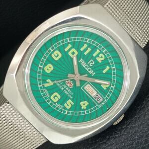 Vintage 1987 Ricoh Automatic Mens Silver Watch W/daydate & Green accents